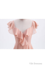 Peach Ruffles A-lline Chiffon Long Bridesmaid Dress with Tie Back