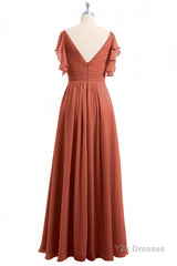 Rust Orange Cold-Shoulder A-Line Long Bridesmaid Dress