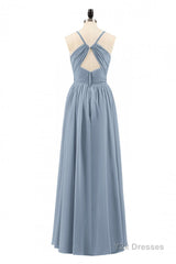 Dusty Blue Chiffon Cutout Back A-Line Long Bridesmaid Dress