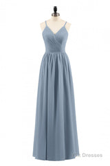 Dusty Blue Chiffon Cutout Back A-Line Long Bridesmaid Dress