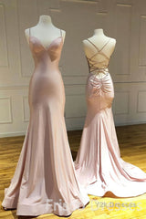 Spaghetti Straps Pink Mermaid Evening Party Dresses Long Prom Dresses