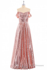 Rose Gold Sequin Off-the-Shoulder A-Line Long Bridesmaid Dress