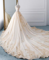 Unique Champagne Tulle Lace Long Wedding Dress, Bridal Gown