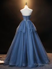 Blue Sweetheart Neck Tulle Long Prom Dress, Blue Evening Dress