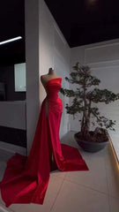 Red Pearl Strapless Prom Dress Long Slit Sleeveless