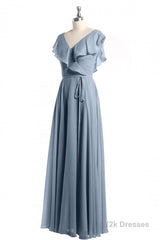 Dusty Blue V-Neck Backless Ruffled A-Line Long Bridesmaid Dress