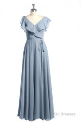 Dusty Blue V-Neck Backless Ruffled A-Line Long Bridesmaid Dress