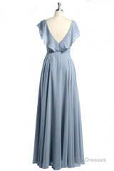 Dusty Blue V-Neck Backless Ruffled A-Line Long Bridesmaid Dress