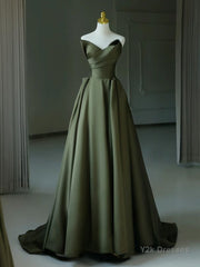 A-Line V Neck Satin Green Long Prom Dress, Green Long Formal Dress