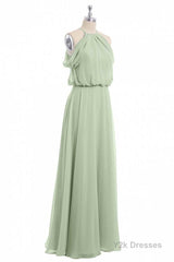 Sage Green Chiffon Halter Blouson-Style Long Bridesmaid Dress