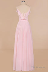 Pink Ruffle Lace-Up A-Line Long Bridesmaid Dress