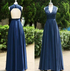 2025 Blue Floor-Length/Long A-Line/Princess Backless Lace V-Neck Chiffon Prom Dresses