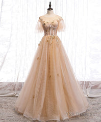 Champagne Round Neck Tulle Lace Long Prom Dress, Formal Dress