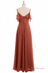 Rust Orange Straps Ruffled A-Line Bridesmaid Dress