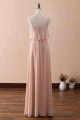 Blush Pink Spaghetti Strap Ruffled Long Bridesmaid Dress