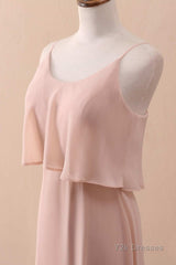 Blush Pink Spaghetti Strap Ruffled Long Bridesmaid Dress