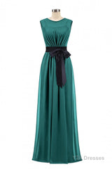 Hunter Green Crew Neck Belted Long Bridesmaid Dress