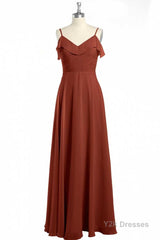 Rust Orange Chiffon Straps Ruffled A-Line Bridesmaid Dress