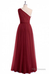 Wine Red Tulle One-Shoulder A-Line Bridesmaid Dress