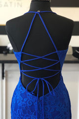 Elegant Lace-up Back Mermaid Royal Blue Long Lace Prom Dress