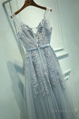 A-line Tulle Grey Long Prom Dress