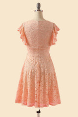 A-Line V-Neck Lace Peach Pink Bridesmaid Dress