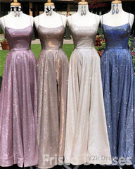 A-Line Sparkle Split Backless Evening Dresses  Long Prom Dresses With Pocket