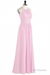 Pink Chiffon Halter Sleeveless A-Line Long Bridesmaid Dress