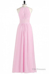 Pink Chiffon Halter Sleeveless A-Line Long Bridesmaid Dress