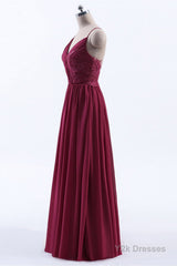 Wine Red Chiffon A-line Long Pleated Bridesmaid Dress