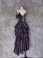 Dark Purple Asymmetrical Layered Flounce Spaghetti Strap Dress Evening Gown