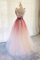 A-Line Burgundy V Neck Tulle Sequin Long Prom Dress Burgundy Evening Dress