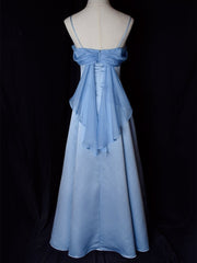 Vintage Blue Satin Spaghetti Straps Gown Elegant Dress