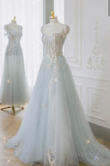 A-Line Tulle Lace Appliques Sweetheart Long Prom Dress, Strapless Evening Dress