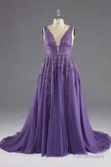 A-line V-Neck Lace Appliques Long Prom Dress