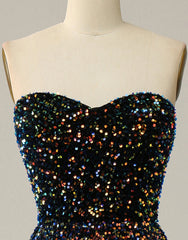 Black A-Line Tea Length Strapless Glitter Sequin Party Dress