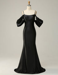 Black Off The Shoulder Criss-Cross Back Long Satin Prom Dress