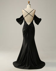 Black Off The Shoulder Criss-Cross Back Long Satin Prom Dress