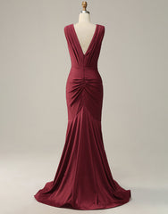 Burgundy Mermaid V-Neck Long Glitter Prom Dress With Pleating