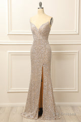 Silver Sequins Long Prom Dress with Slit