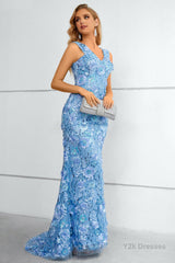 Blue V-Neck Mermaid Prom Dress With Flowers and Appliques