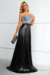 Black Sequined Strapless Prom Dress