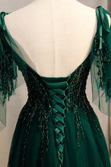 A-Line Spaghetti Straps Dark Green Prom Dress with Beading