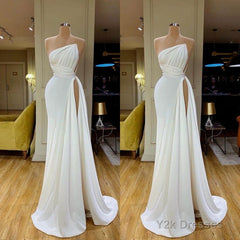 Strapless Creamy White High-split Pleated Long Prom Dress