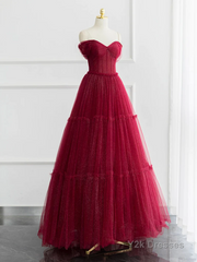 Burgundy A-line Off Shoulder Tulle Shiny Long Prom Dress