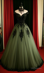 Green A-line Tulle Prom Dress Off The Shoulder Formal Evening Gown