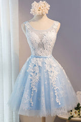 Light Blue Tulle Lace Applique Short Homecoming Dresses with Straps