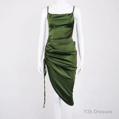 New Satin Green Prom Dress Spaghetti Strap Party Evening Dress