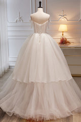 Elegant Ivory Spaghetti Straps Ball Gown with Bowknot A Line Tulle Long Prom Dresses