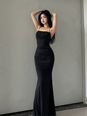 Spaghetti Strap Cowl Neck Plain Ruched Mermaid Evening Dress